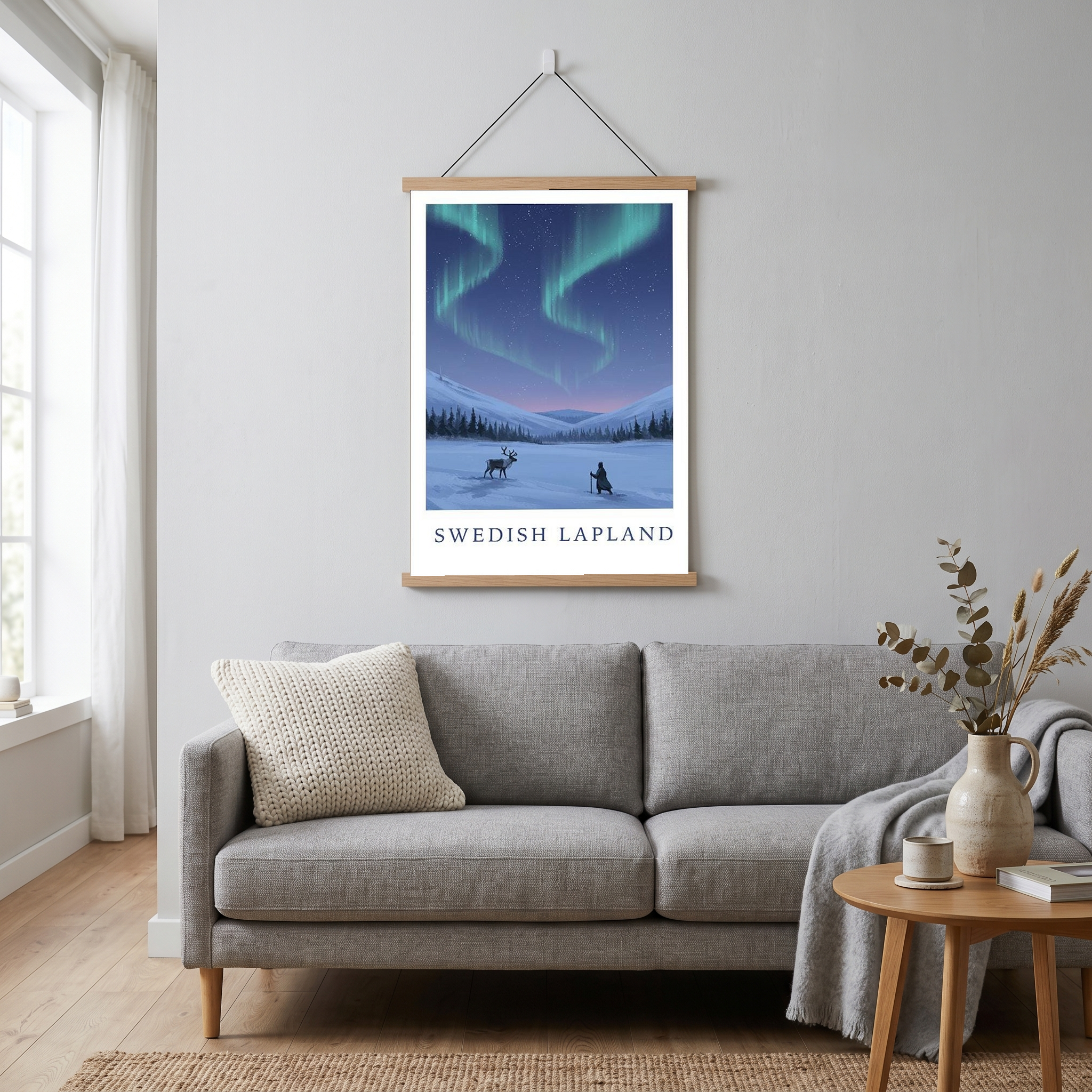 Swedish Lapland Travel Poster — Northern Lights Reindeer Sami Print