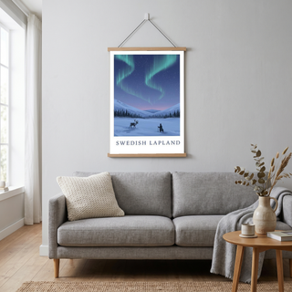 Swedish Lapland Travel Poster — Northern Lights Reindeer Sami Print