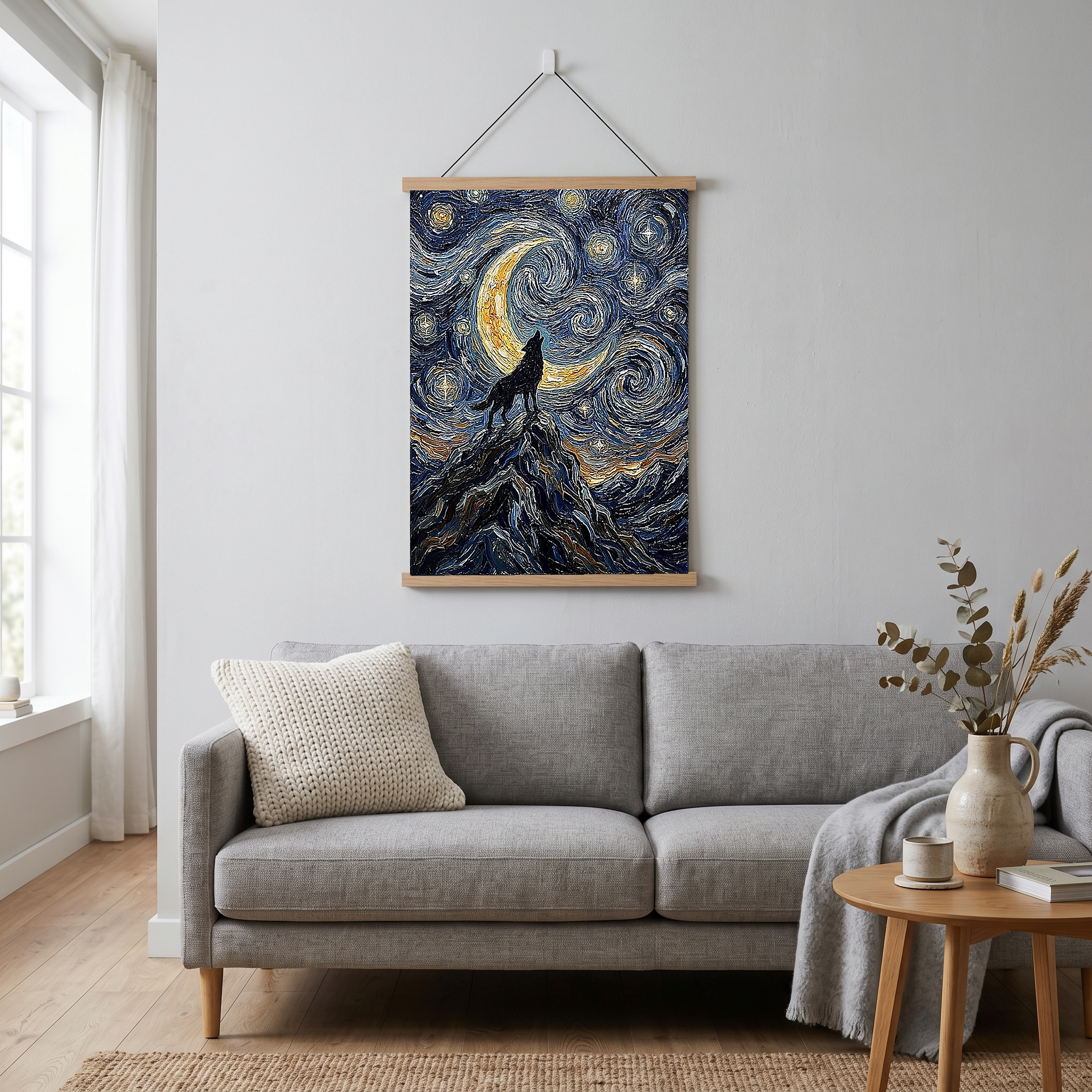 Black Wolf Howling Crescent Moon Print — Van Gogh-Style Mountain Wall Art