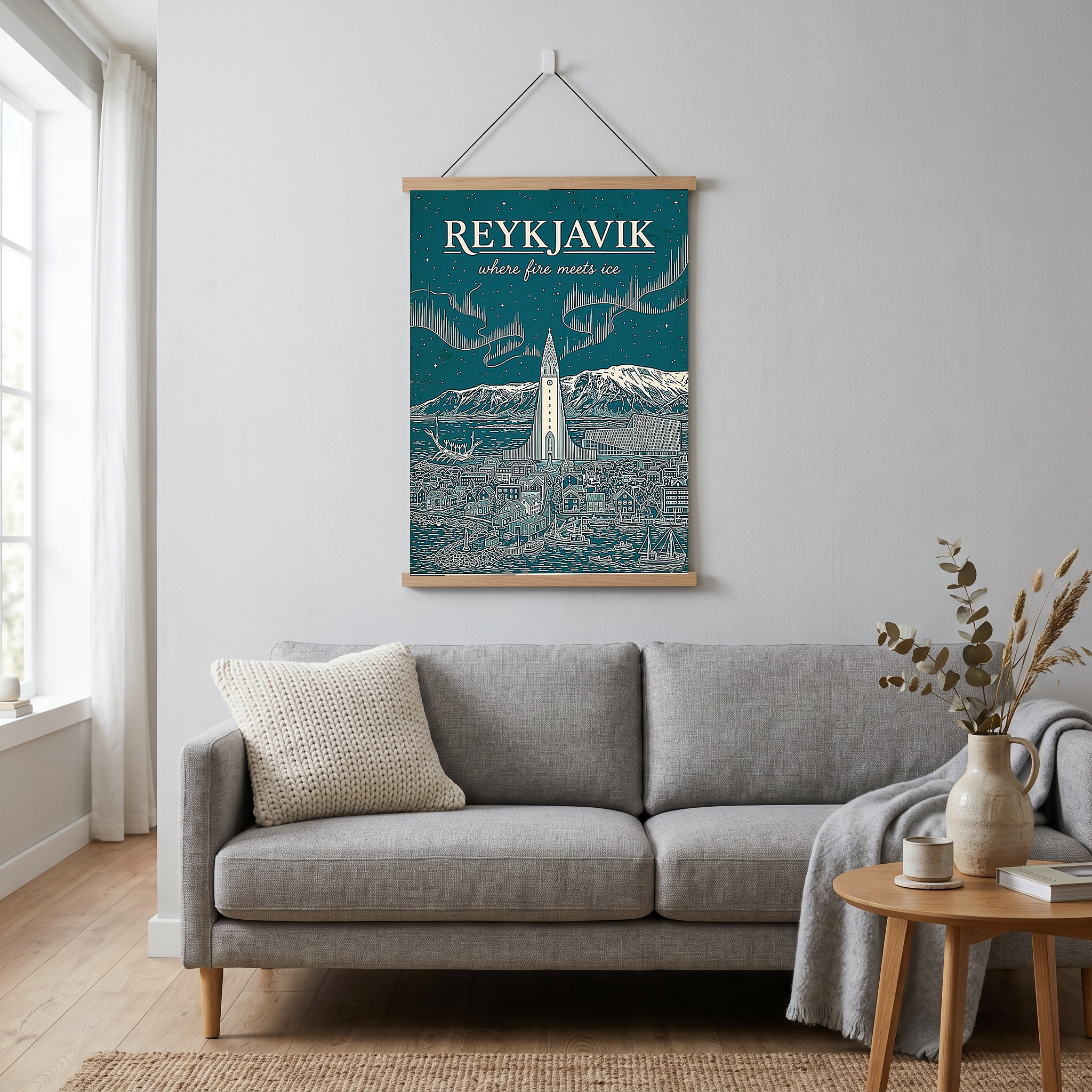 Reykjavik Line Art Print — Teal Hallgrímskirkja Aurora Skyline Wall Art