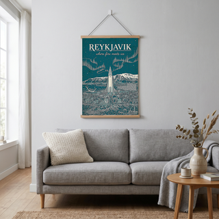 Reykjavik Line Art Print — Teal Hallgrímskirkja Aurora Skyline Wall Art