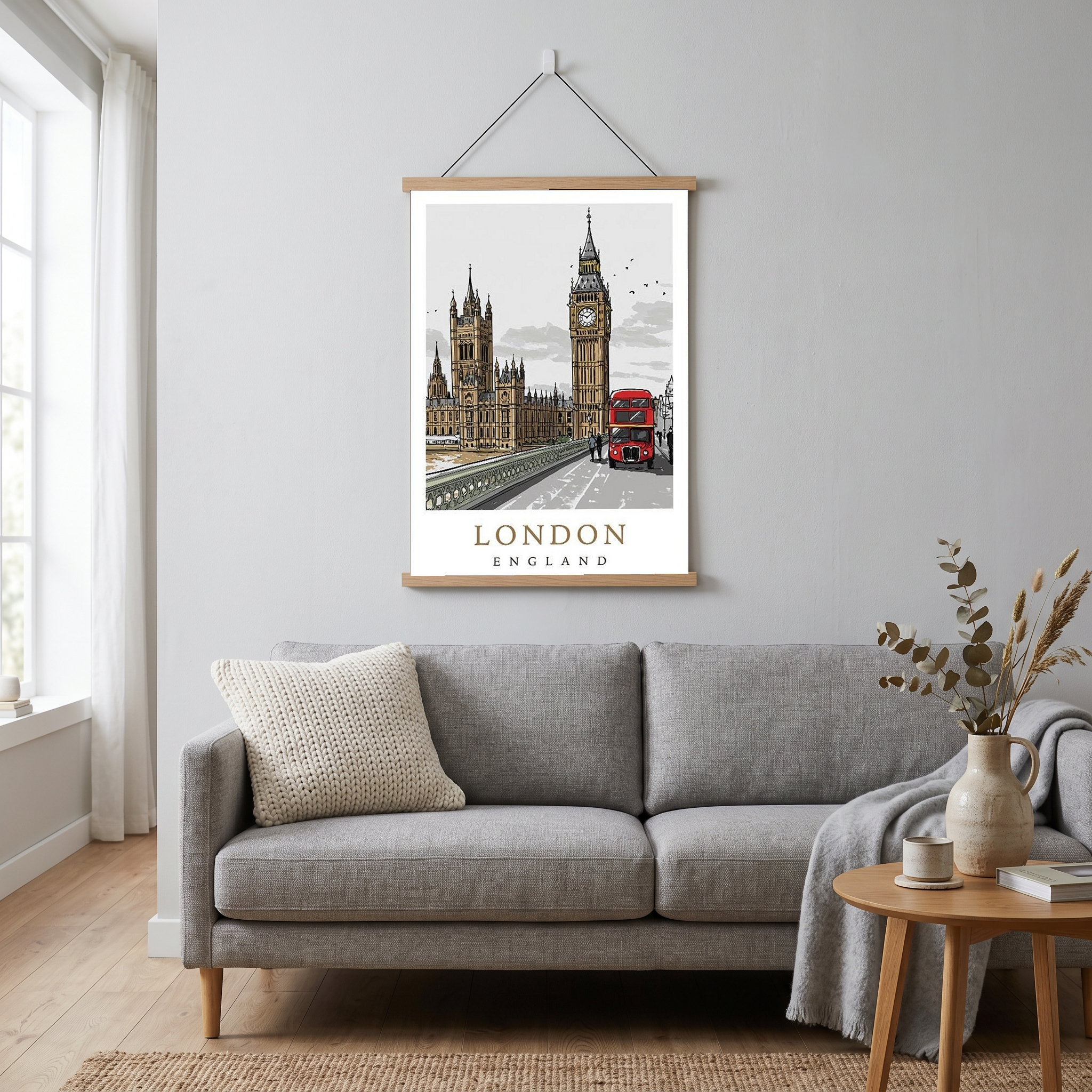 London Travel Poster — Big Ben Houses of Parliament Red Bus Print