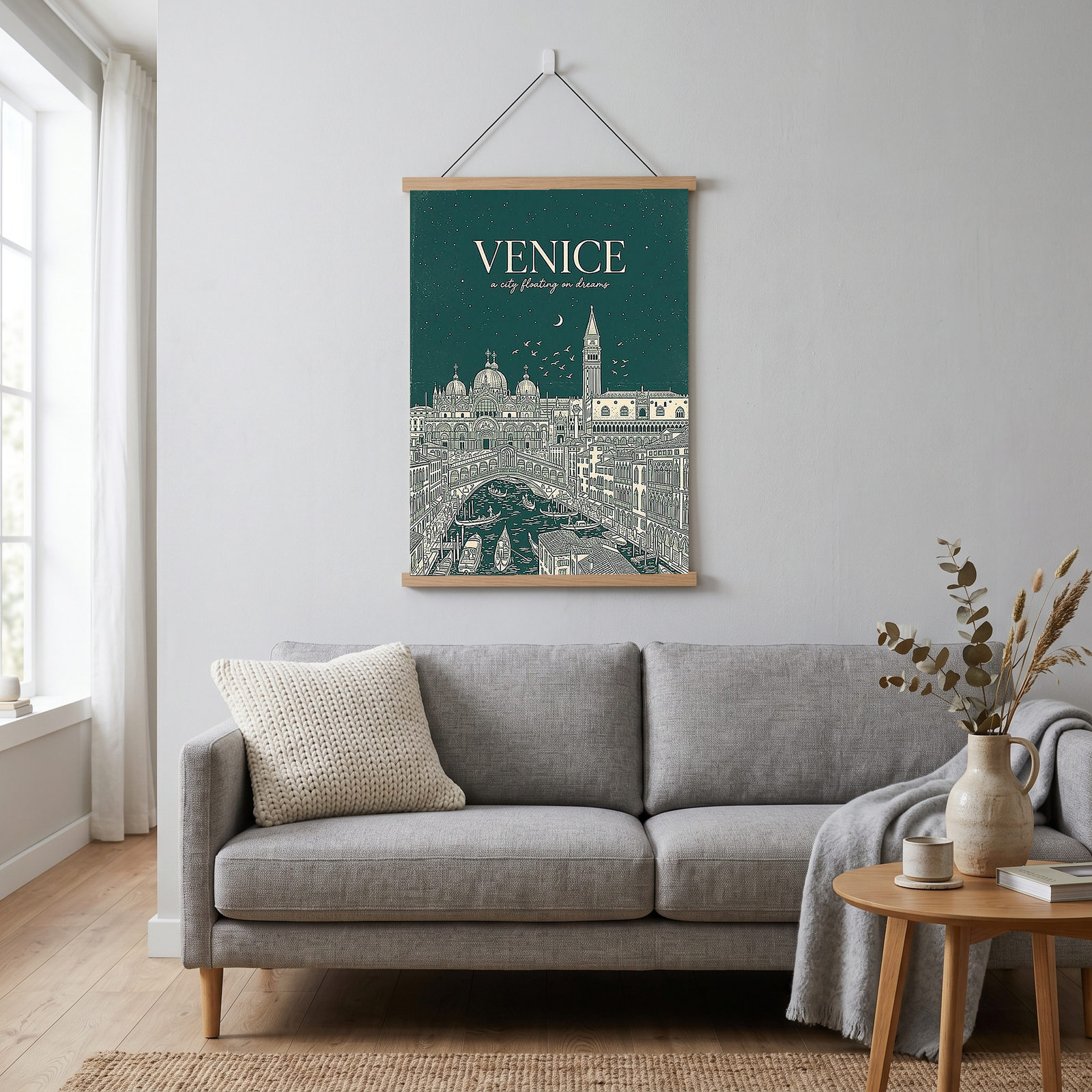 Venice Line Art Print — Forest Green St. Mark's Basilica Rialto Bridge Wall Art