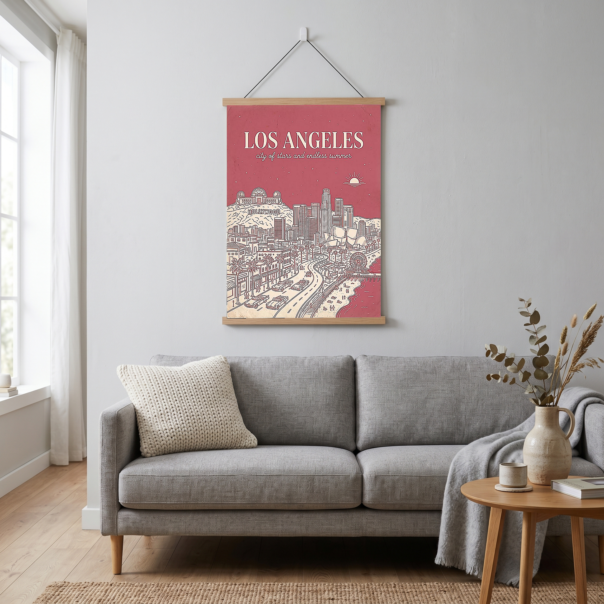 Los Angeles Line Art Print — Pink Hollywood Sign Downtown Skyline Wall Art