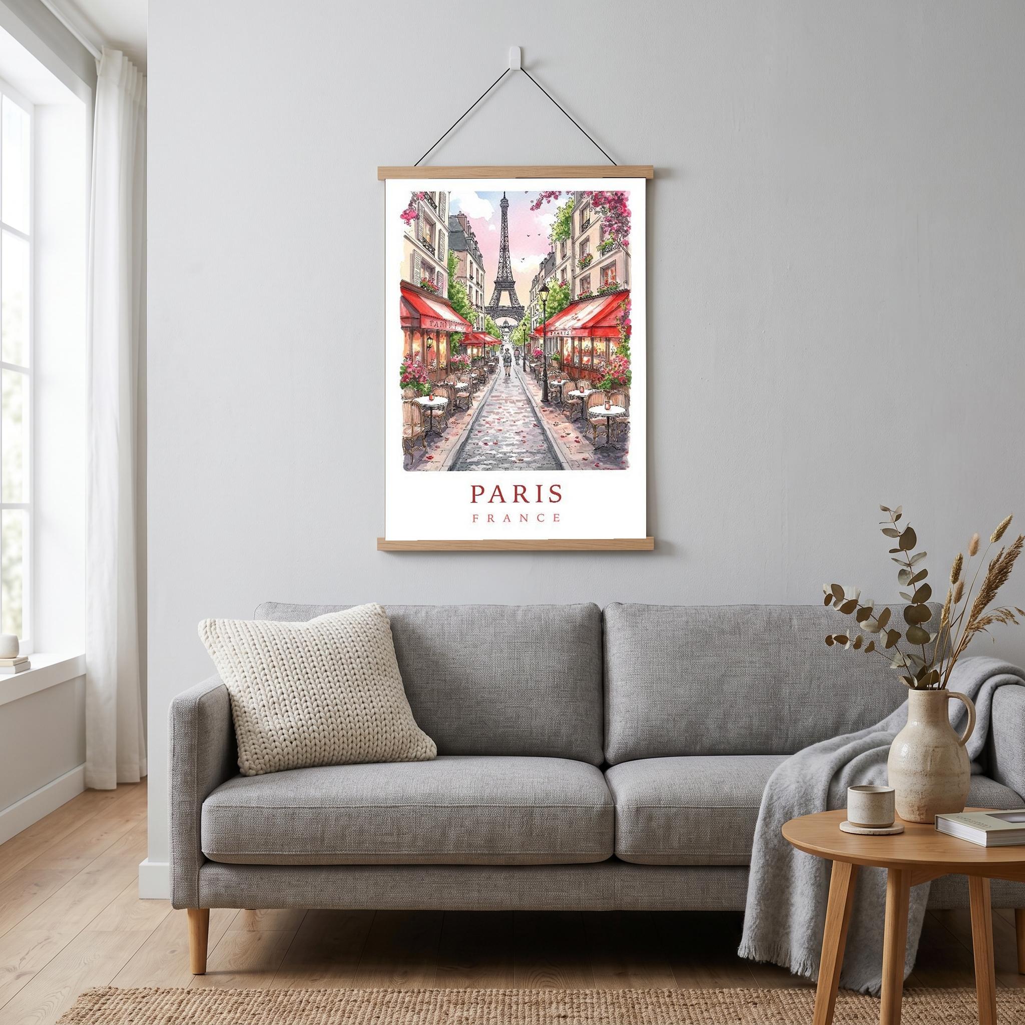 Paris France Travel Poster — Eiffel Tower Street Cafe Print
