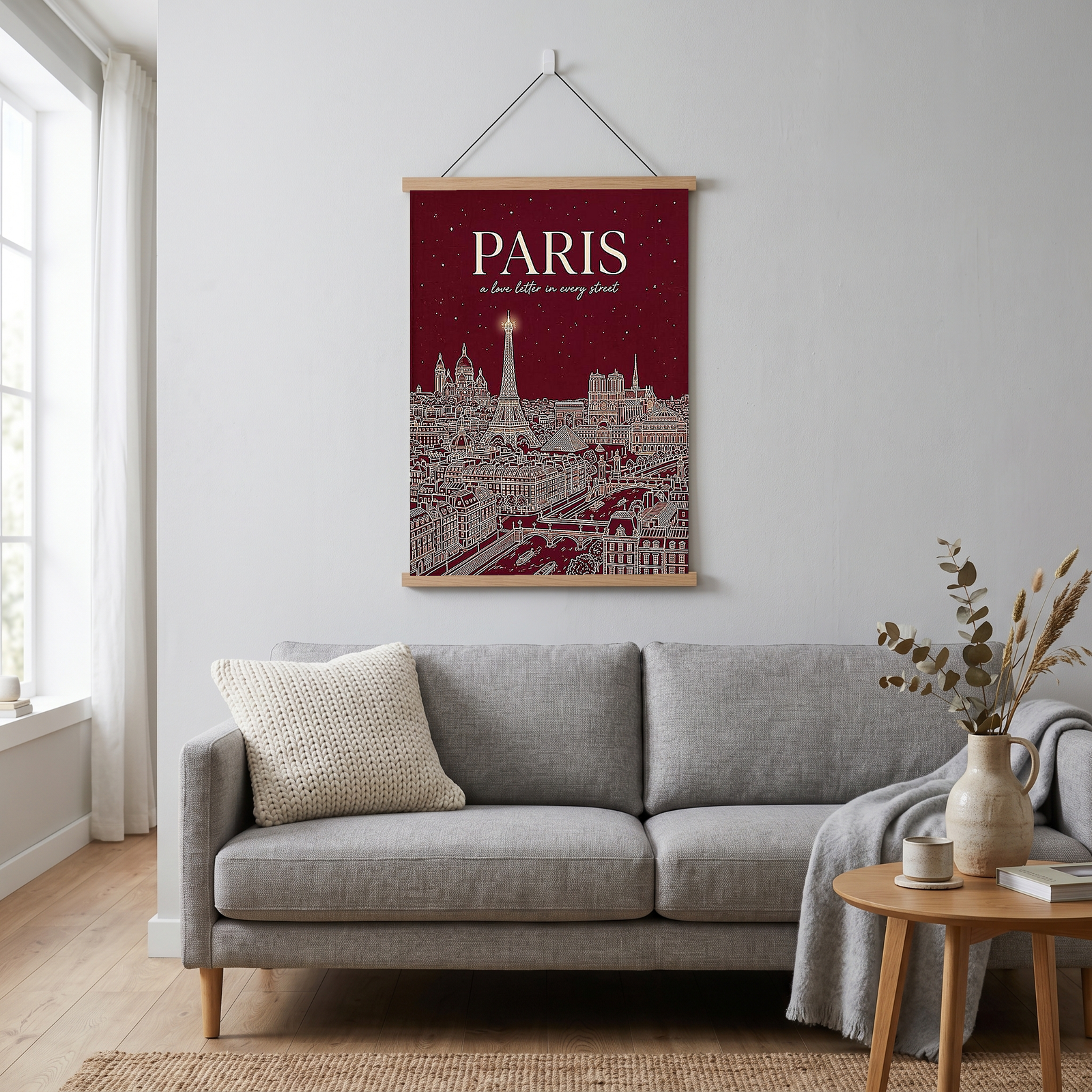 Paris Line Art Print — Burgundy Eiffel Tower Skyline Wall Art