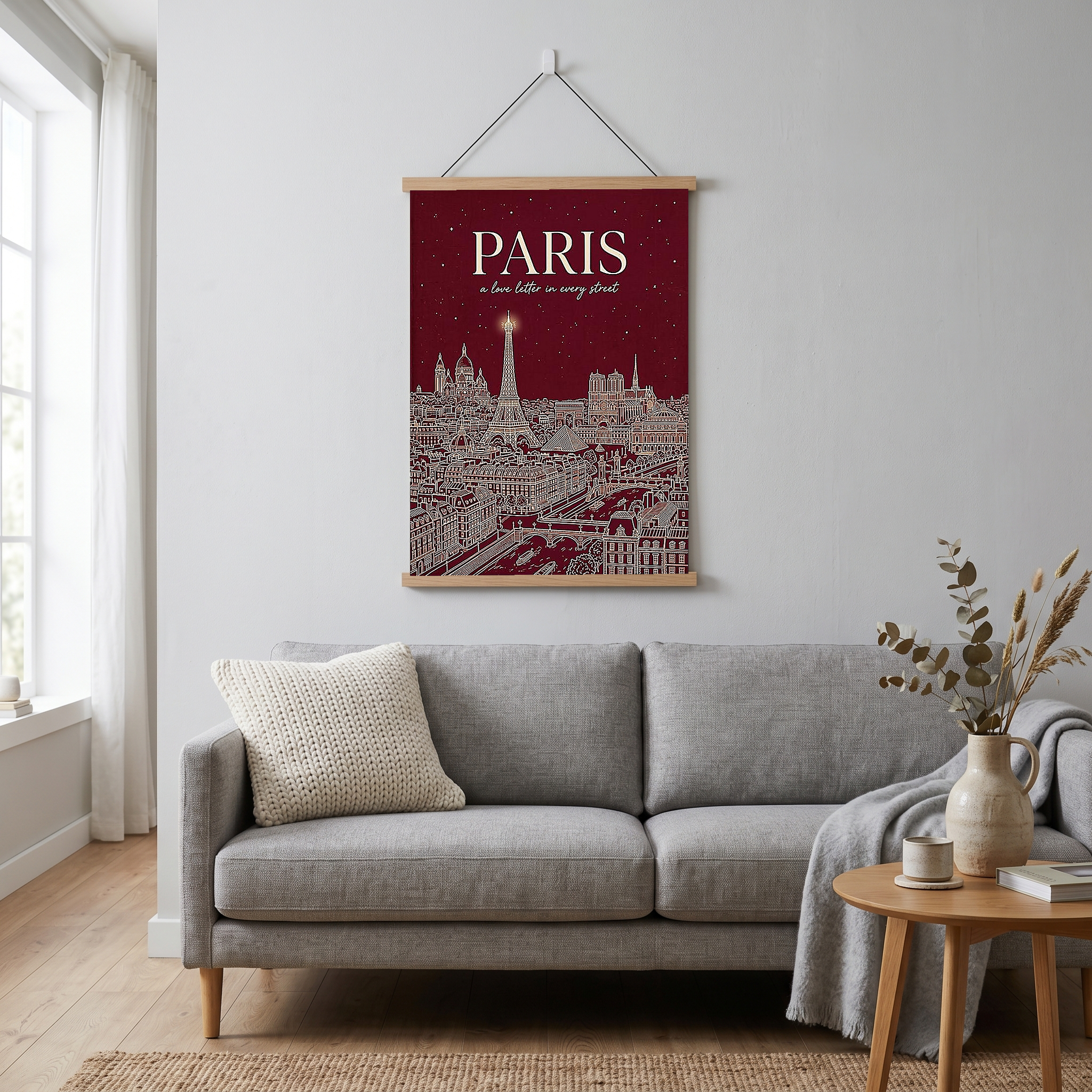 Paris Line Art Print — Burgundy Eiffel Tower Skyline Wall Art