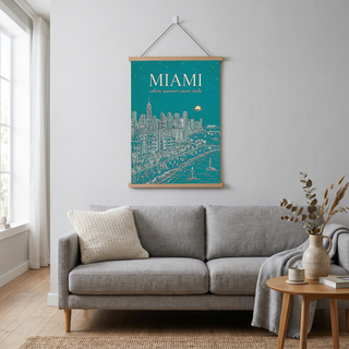 Miami Line Art Print — Teal South Beach Skyline Art Deco Wall Art