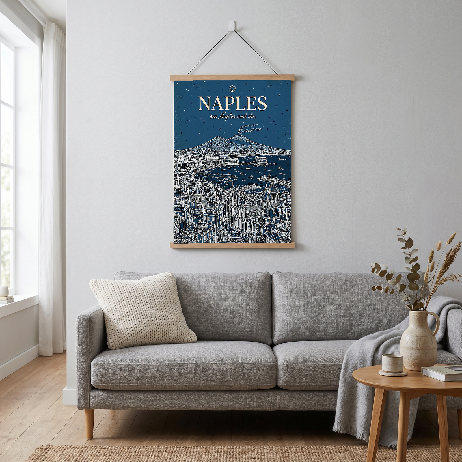 Naples Line Art Print — Navy Mount Vesuvius Bay Skyline Wall Art