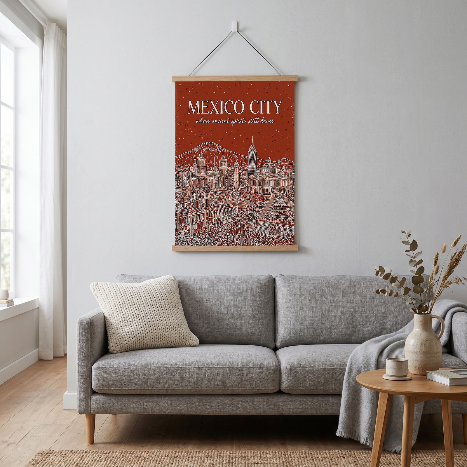 Mexico City Line Art Print — Rust Bellas Artes Templo Mayor Skyline Wall Art