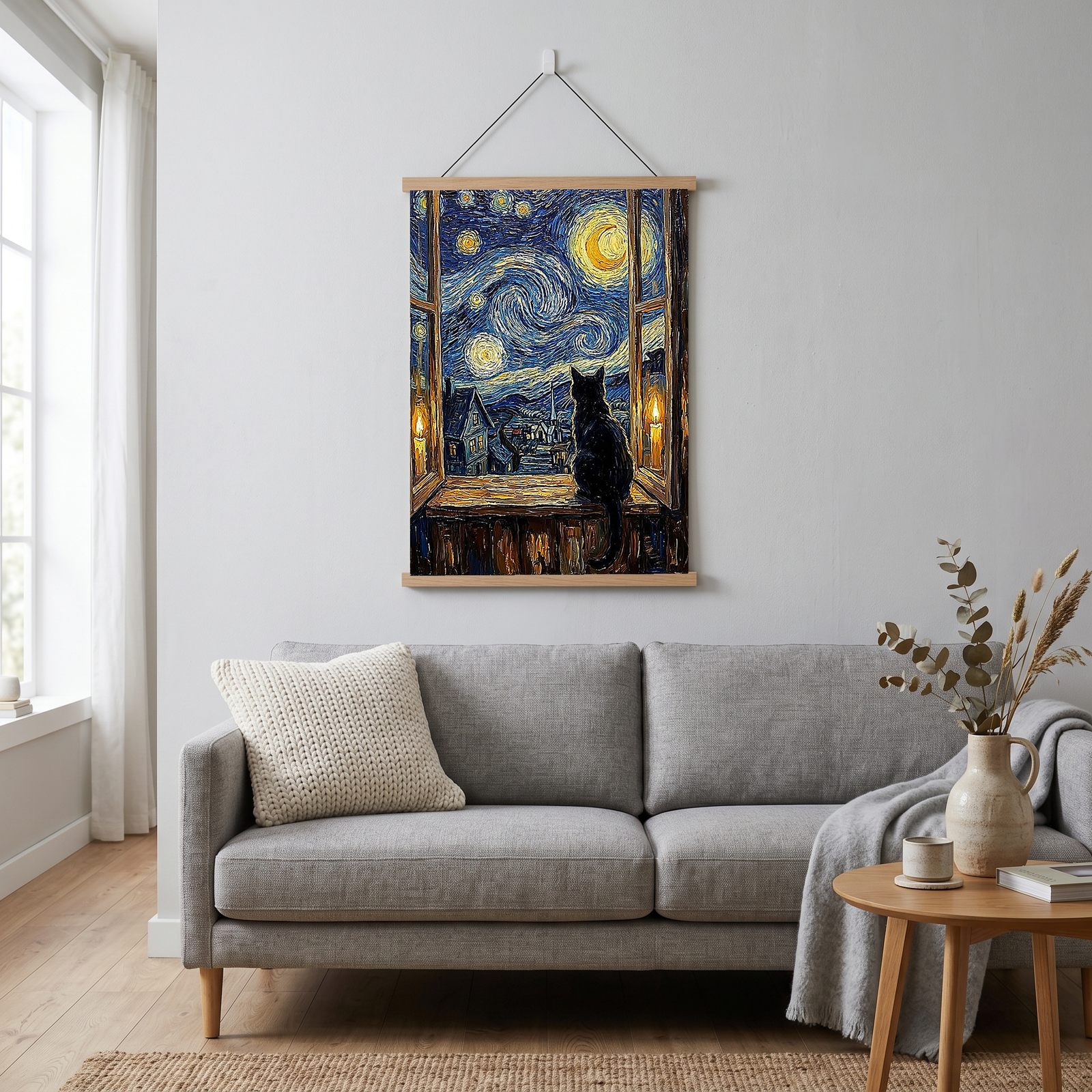 Black Cat Window Print — Van Gogh Starry Night Cozy Cottage Wall Art