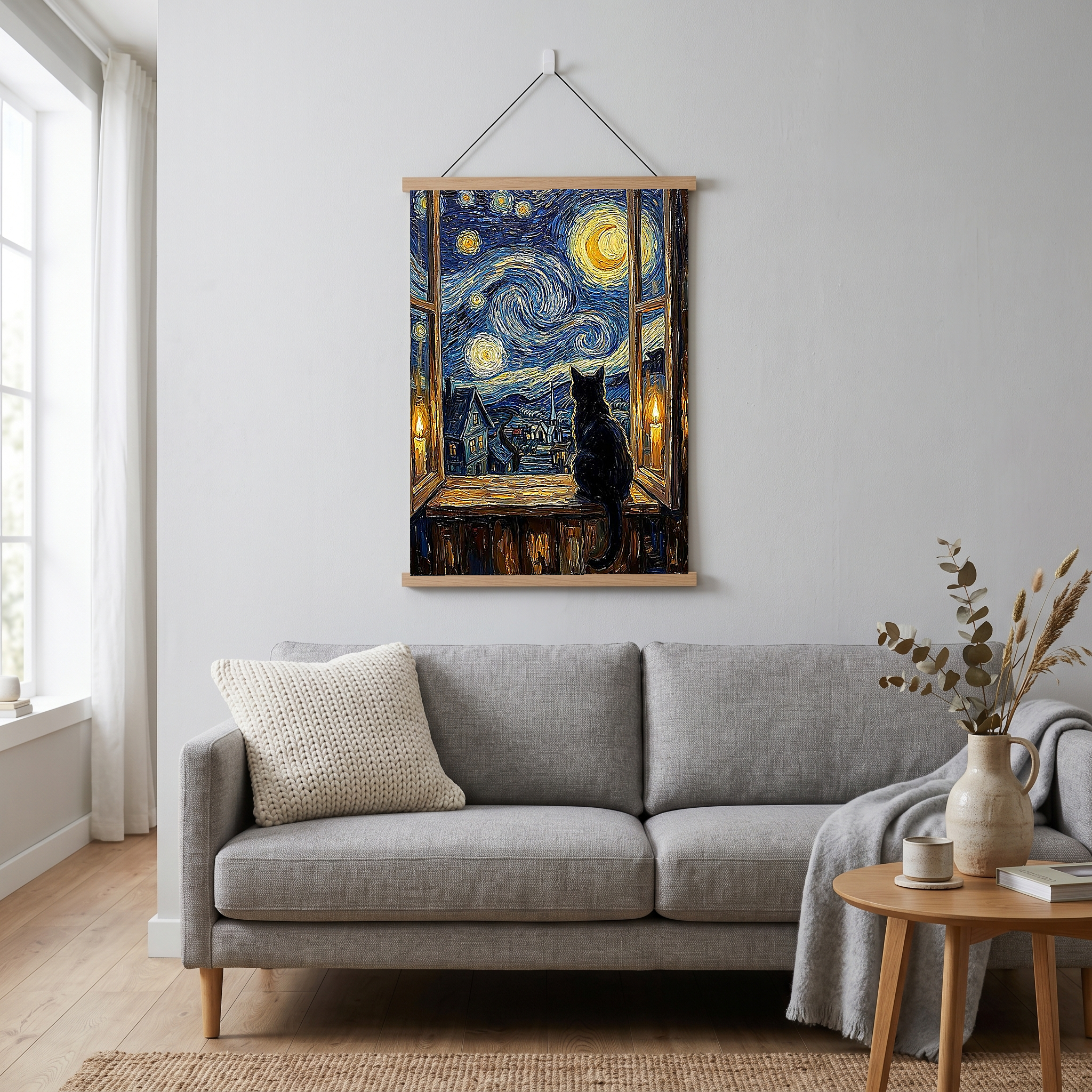 Black Cat Window Print — Van Gogh Starry Night Cozy Cottage Wall Art