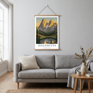 Dolomites Italy Travel Poster — Vintage Alpine Mountain Lake Print