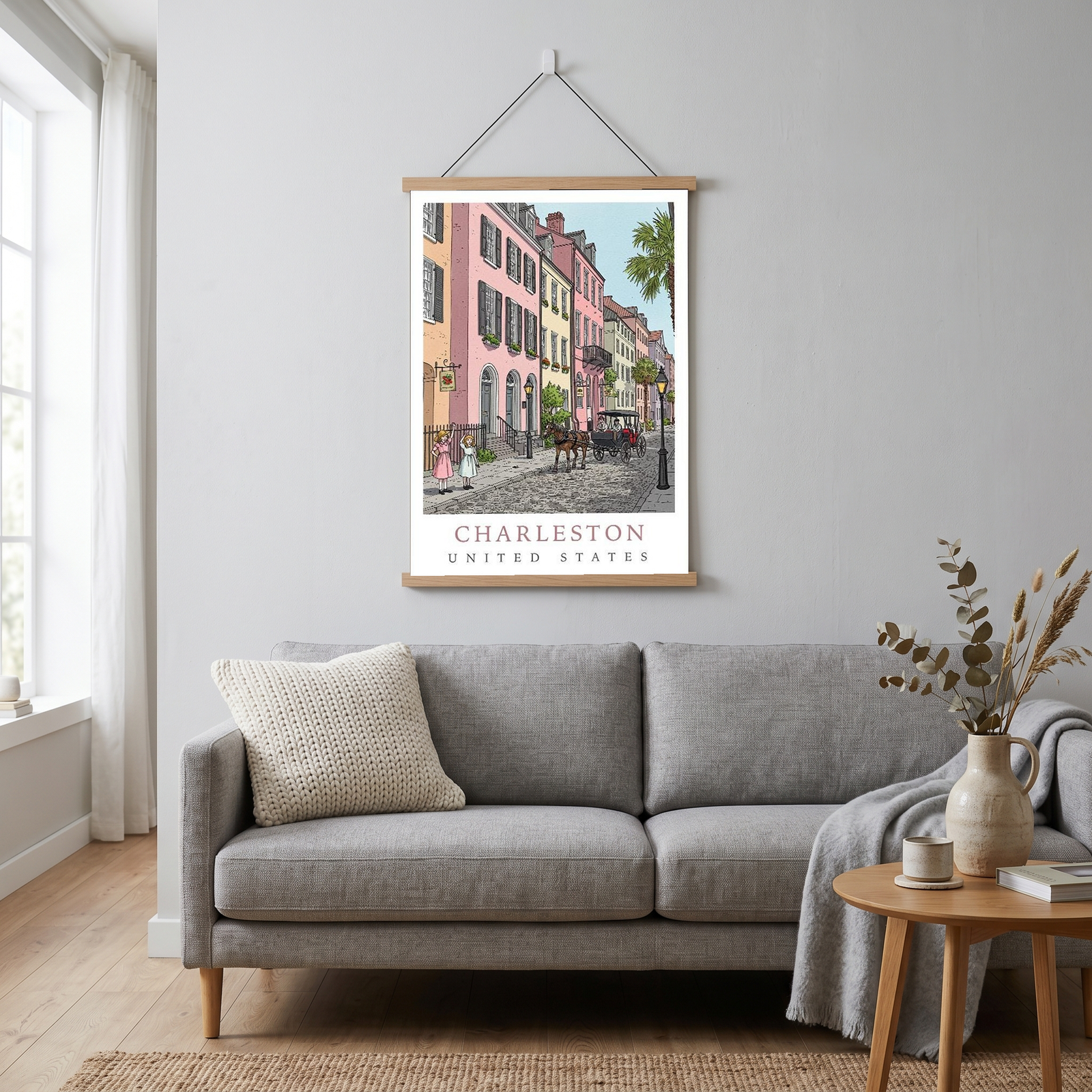 Charleston SC Travel Poster — Rainbow Row Carriage Ride Pastel Print