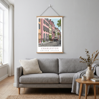 Charleston SC Travel Poster — Rainbow Row Carriage Ride Pastel Print