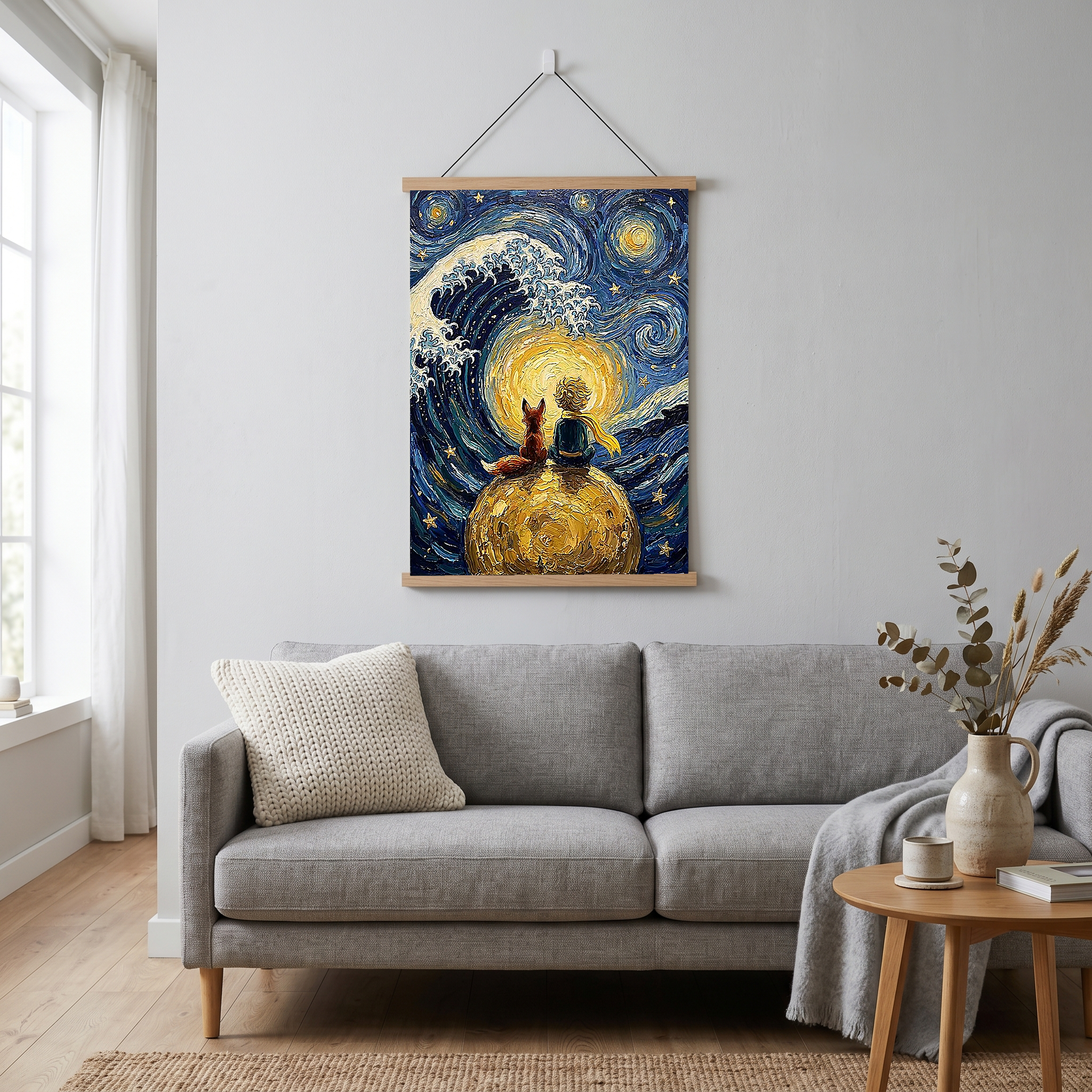 Little Prince Fox &amp; Planet Print — Van Gogh-Style Nursery Wall Art
