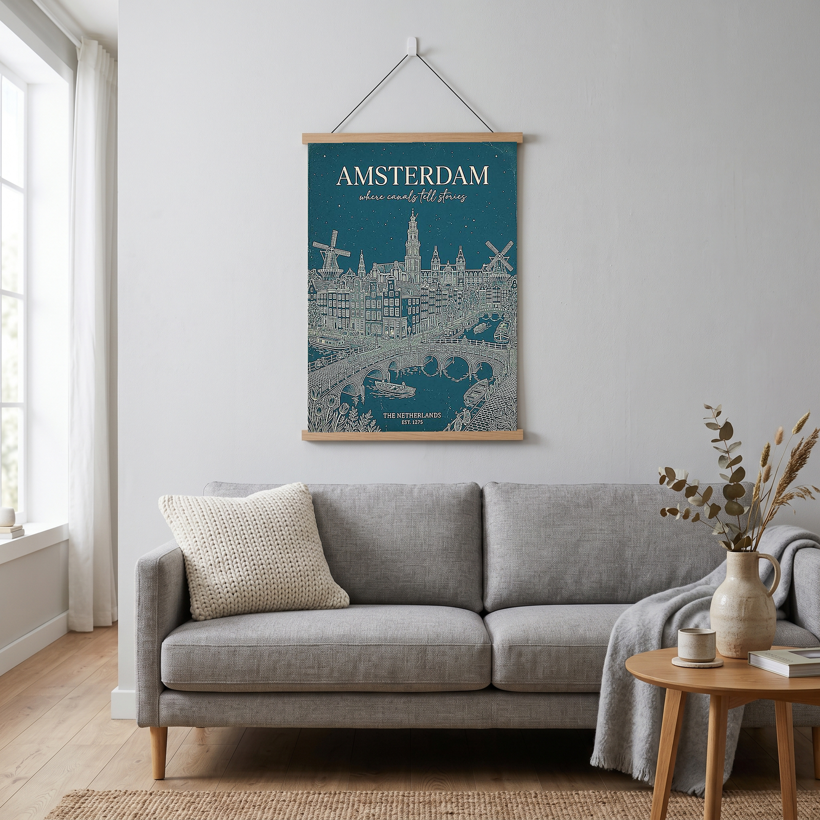 Amsterdam Line Art Print — Teal Canal Windmill Skyline Wall Art