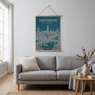 Amsterdam Line Art Print — Teal Canal Windmill Skyline Wall Art