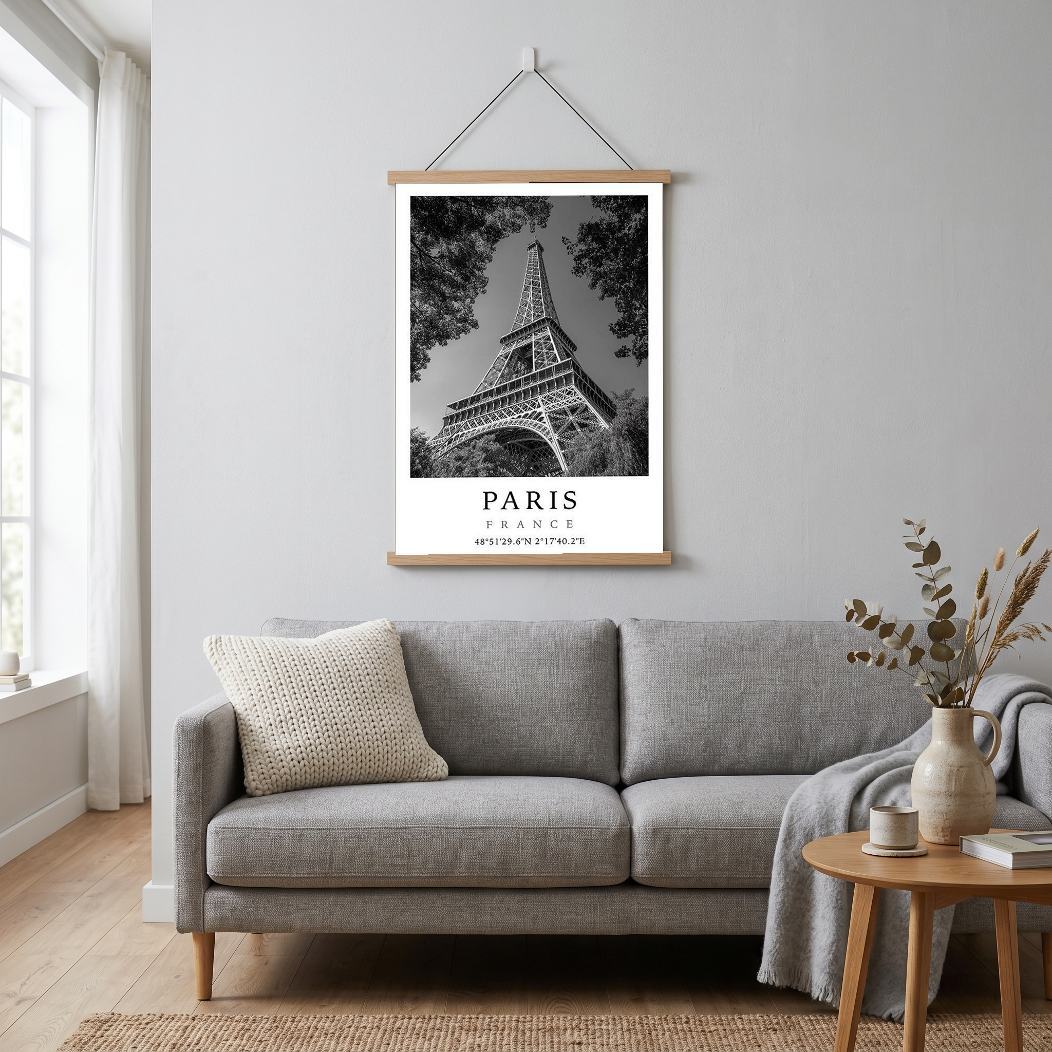 Paris Eiffel Tower Poster — Black and White France Coordinates Print