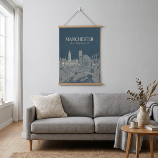 Manchester Line Art Print — Slate Blue Town Hall Industrial Skyline Wall Art