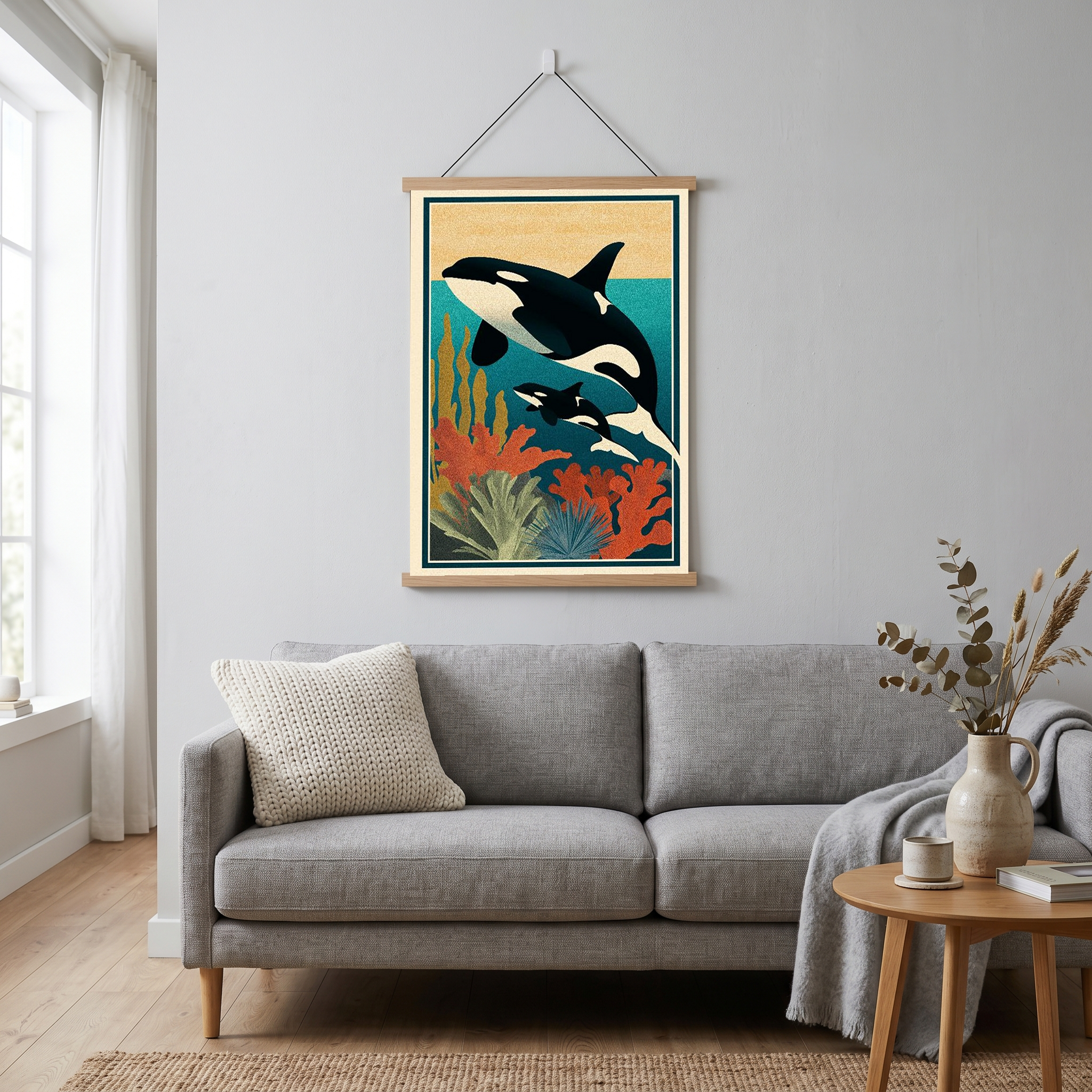 Orca Mother & Calf Ocean Reef Poster - Coastal Wildlife Wall Art