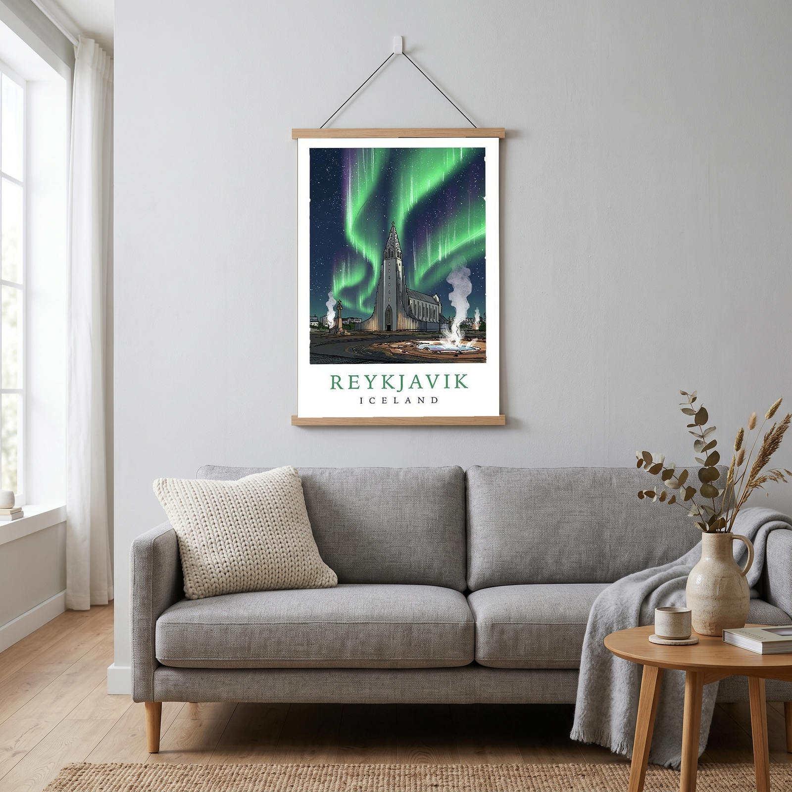 Reykjavik Iceland Travel Poster — Hallgrímskirkja Northern Lights Print