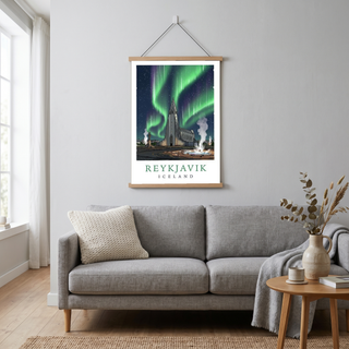 Reykjavik Iceland Travel Poster — Hallgrímskirkja Northern Lights Print