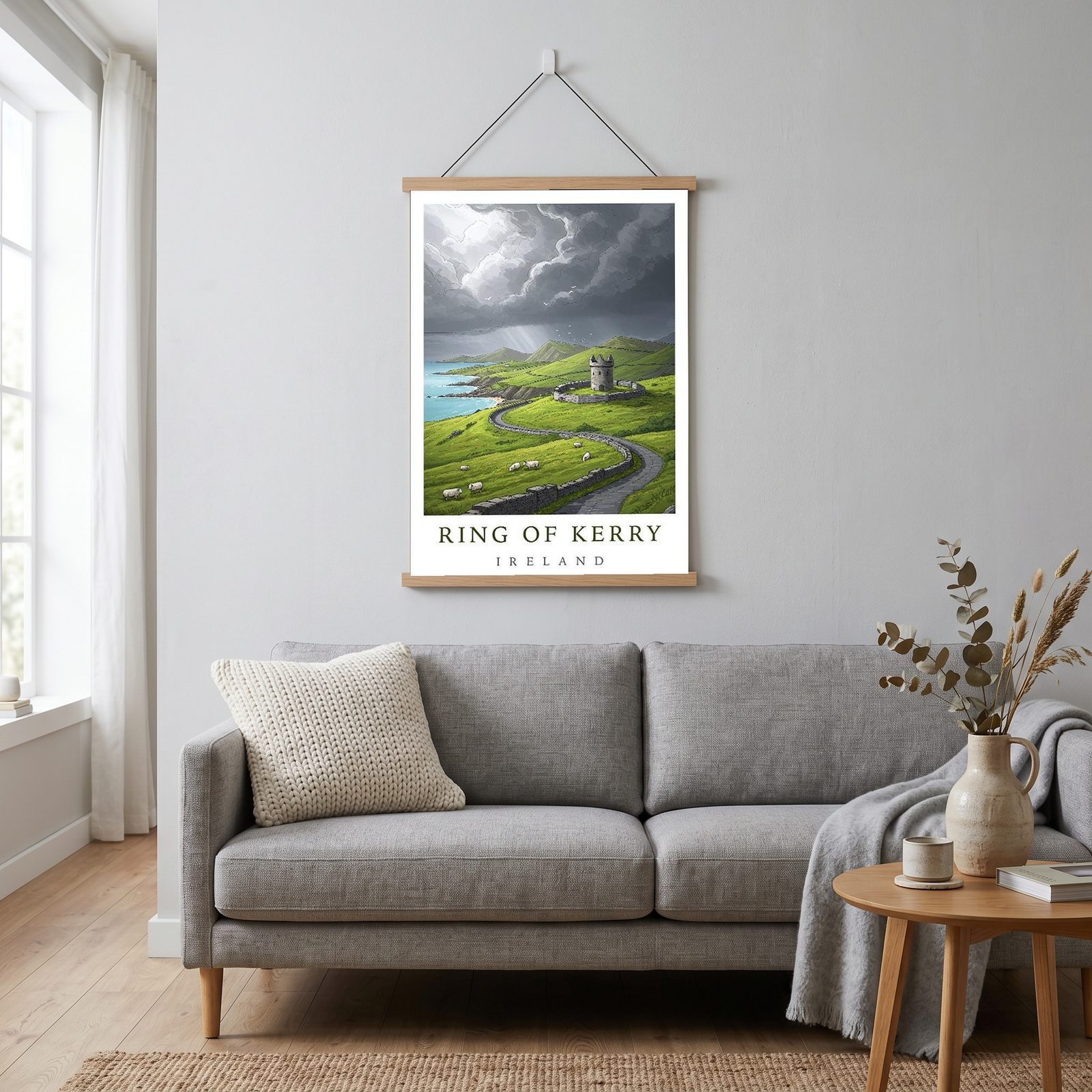 Ring of Kerry Ireland Travel Poster — Coastal Castle Sheep Stone Wall Print
