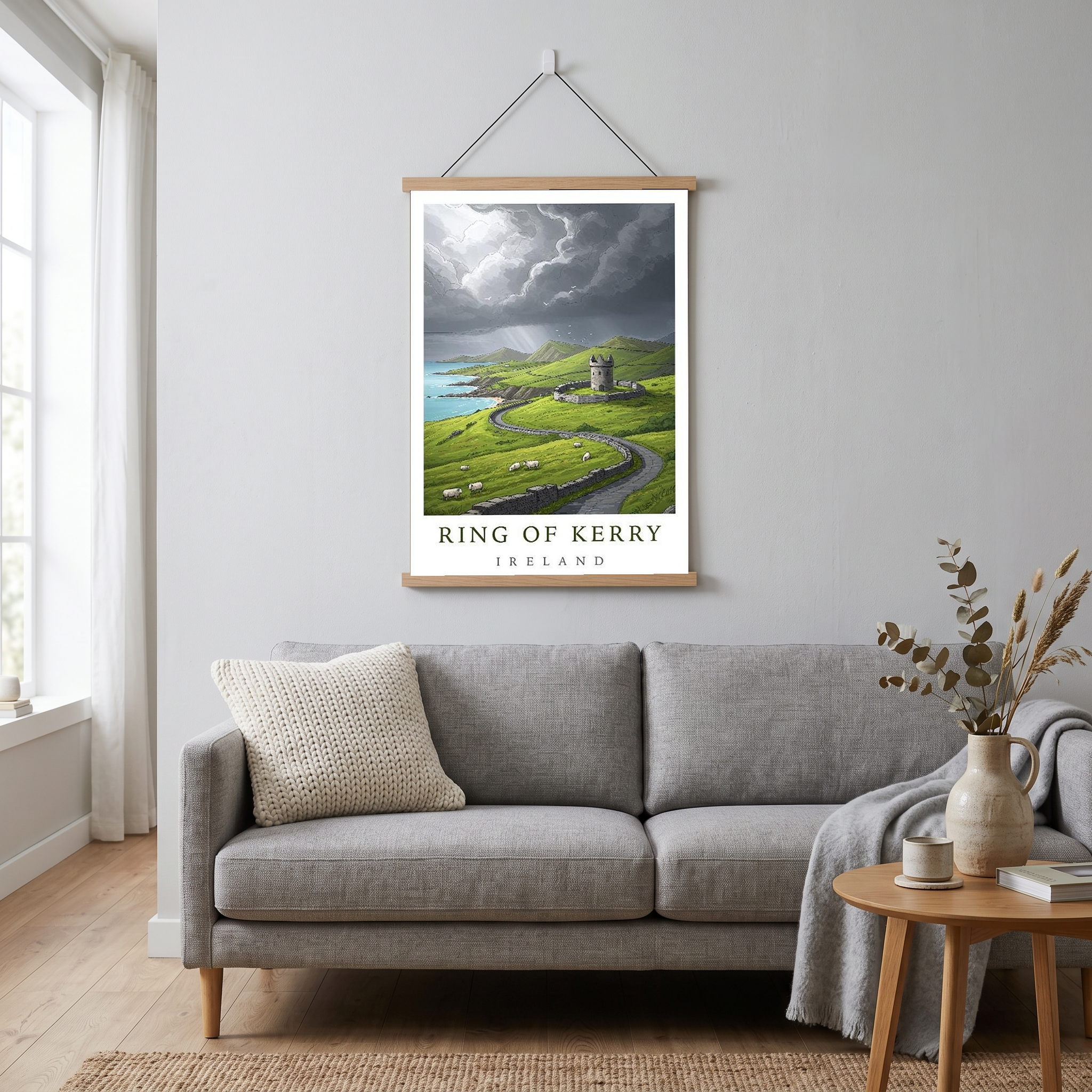 Ring of Kerry Ireland Travel Poster — Coastal Castle Sheep Stone Wall Print