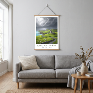 Ring of Kerry Ireland Travel Poster — Coastal Castle Sheep Stone Wall Print
