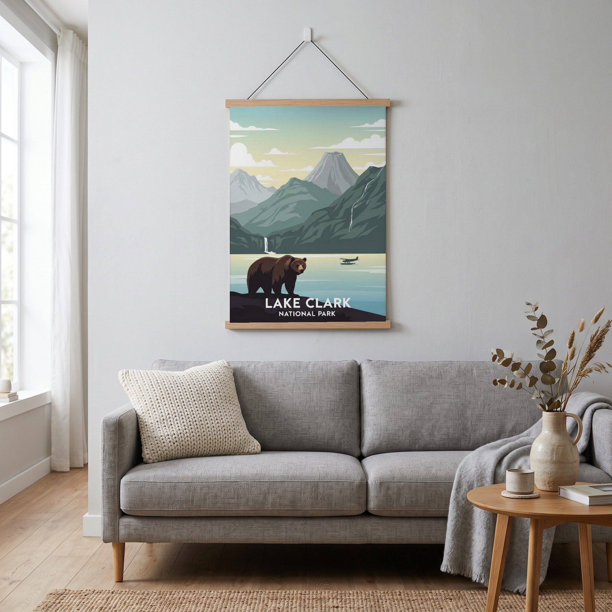 Lake Clark National Park Poster — Vintage Alaska Brown Bear Floatplane Print