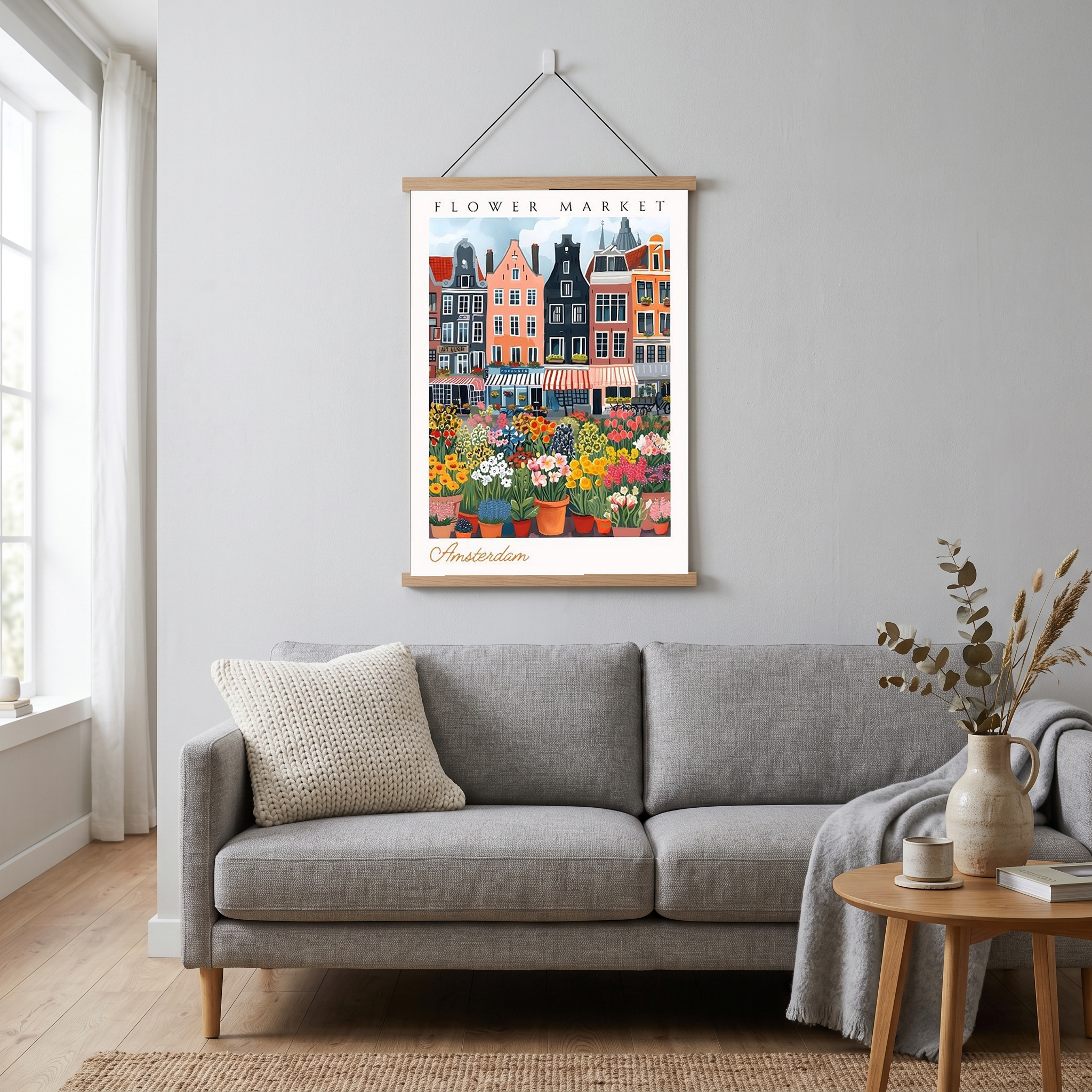 Amsterdam Flower Market Print — Canal Houses Tulip Cityscape Art