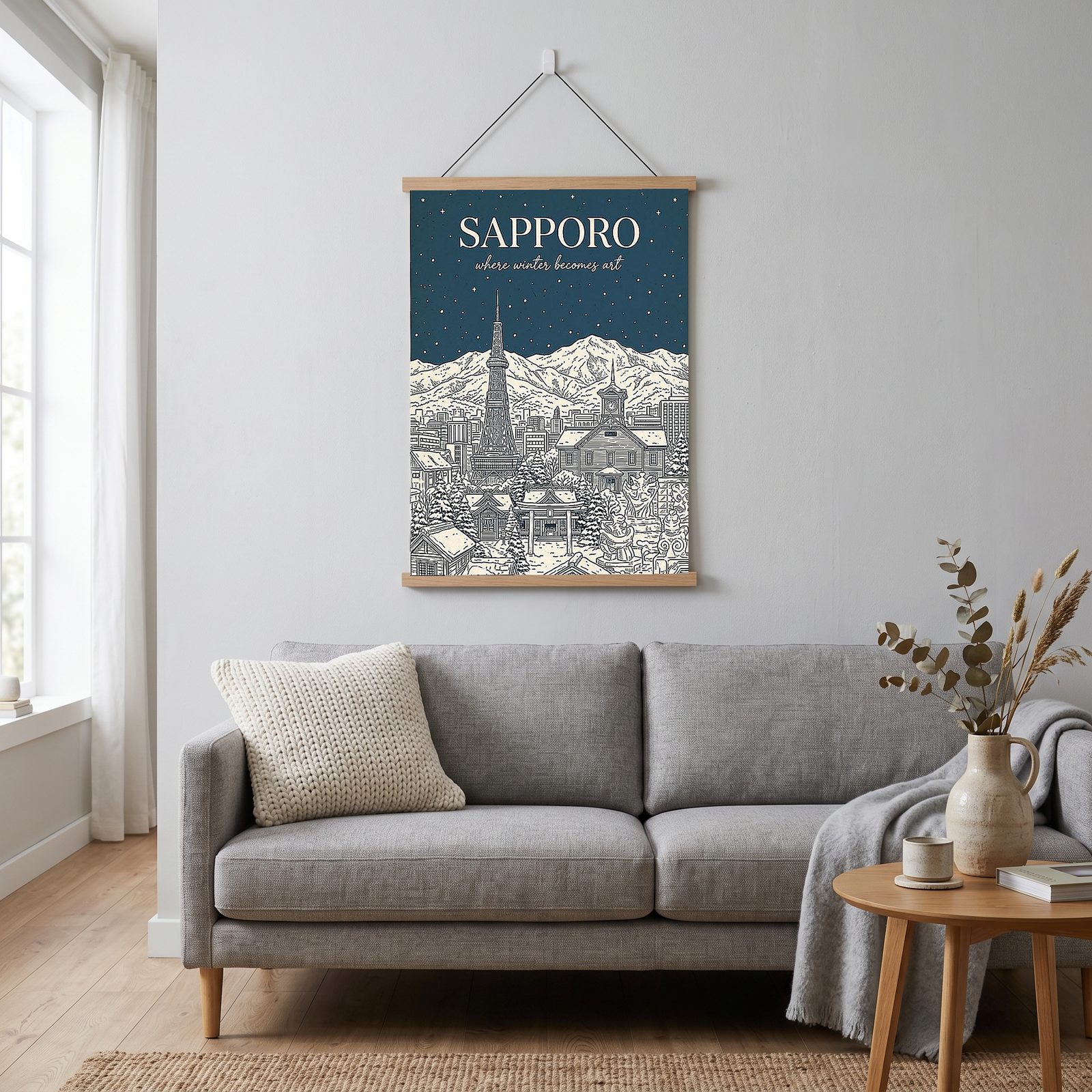 Sapporo Line Art Print — Steel Blue Snow Festival TV Tower Wall Art