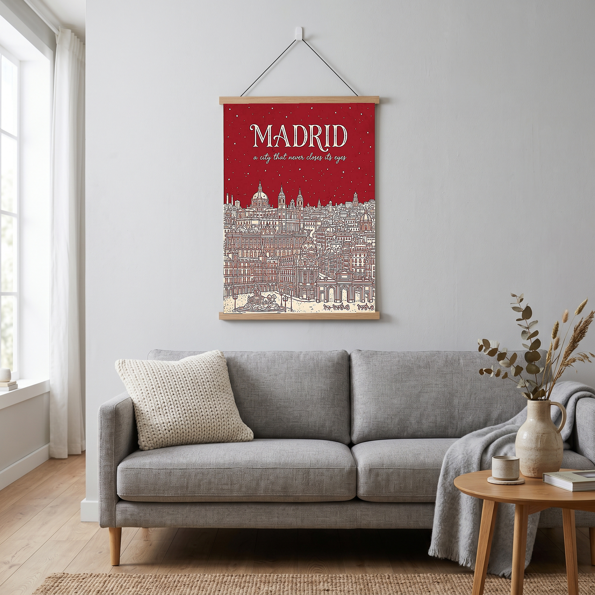 Madrid Line Art Print — Cherry Red Royal Palace Plaza Mayor Skyline Wall Art