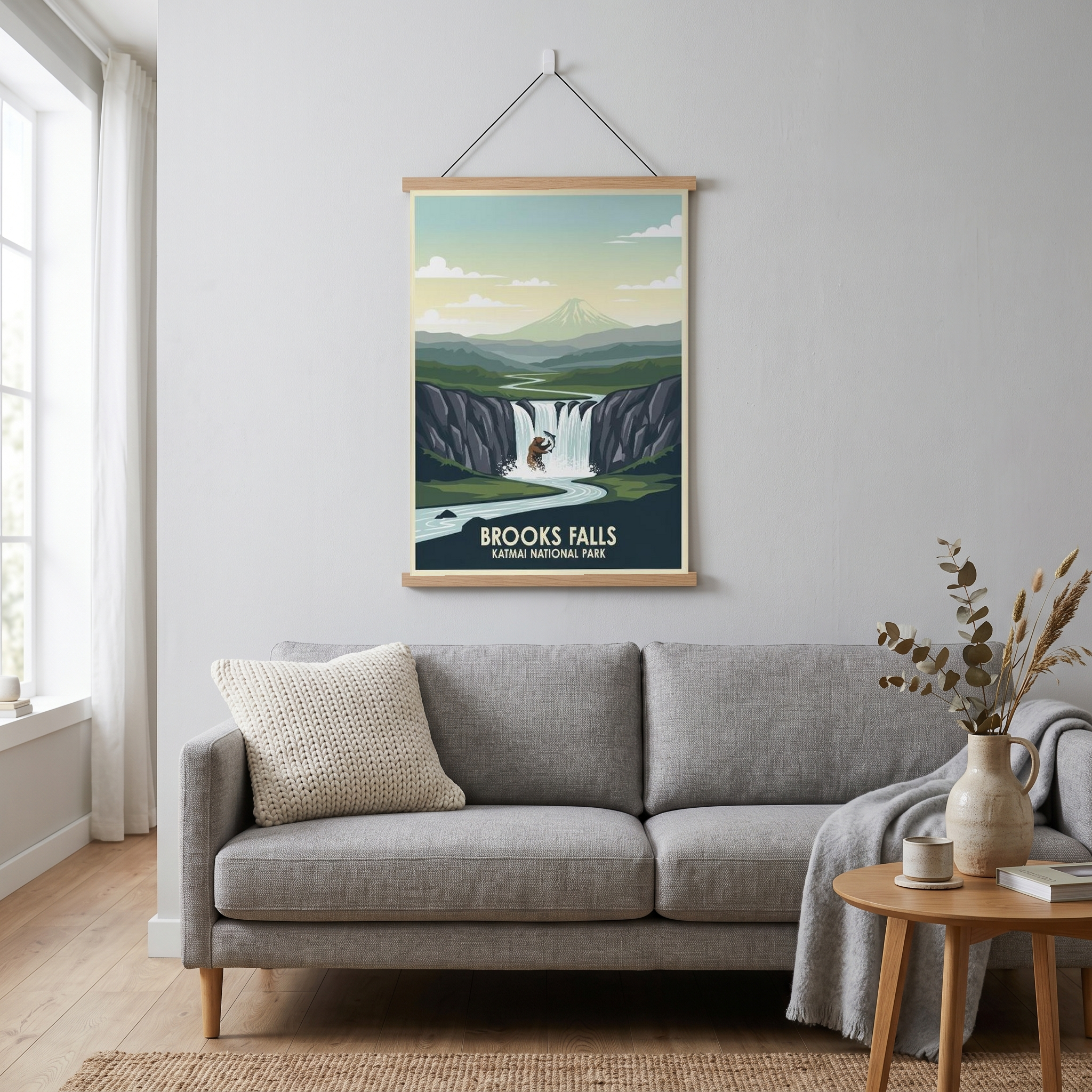 Katmai National Park Poster — Vintage Alaska Brooks Falls Brown Bear Salmon Print