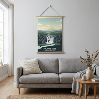 Katmai National Park Poster — Vintage Alaska Brooks Falls Brown Bear Salmon Print