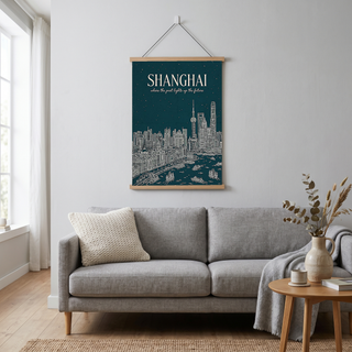 Shanghai Line Art Print — Teal Oriental Pearl Tower The Bund Skyline Wall Art