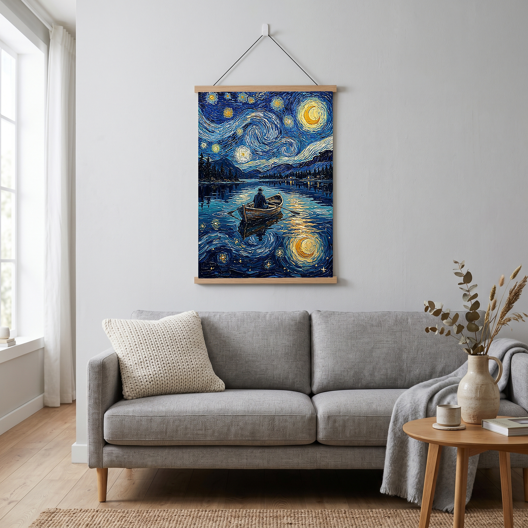 Moonlit Lake Rowboat Print — Van Gogh-Style Night Fishing Cabin Wall Art
