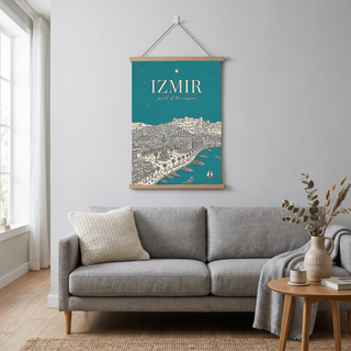 İzmir Line Art Print — Teal Clock Tower Kadifekale Aegean Coast Wall Art