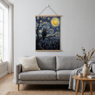 Wise Owl Starry Night Print — Van Gogh-Style Mystical Forest Wall Art