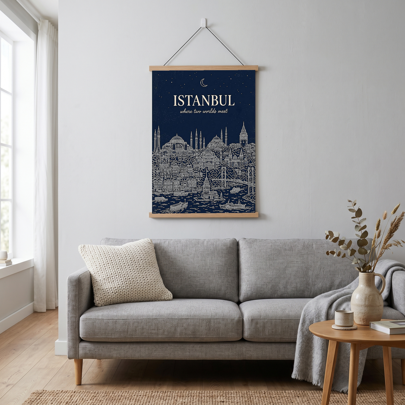 Istanbul Line Art Print — Navy Bosphorus Skyline Hagia Sophia Wall Art