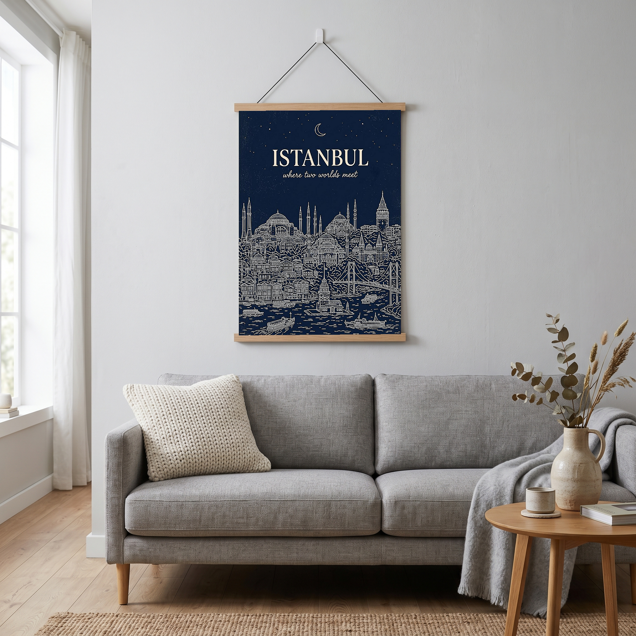Istanbul Line Art Print — Navy Bosphorus Skyline Hagia Sophia Wall Art