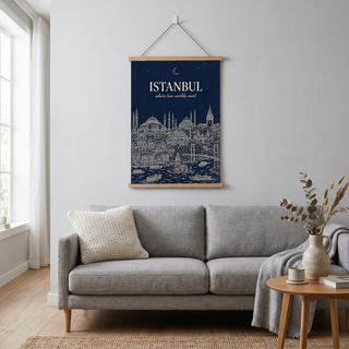 Istanbul Line Art Print — Navy Bosphorus Skyline Hagia Sophia Wall Art