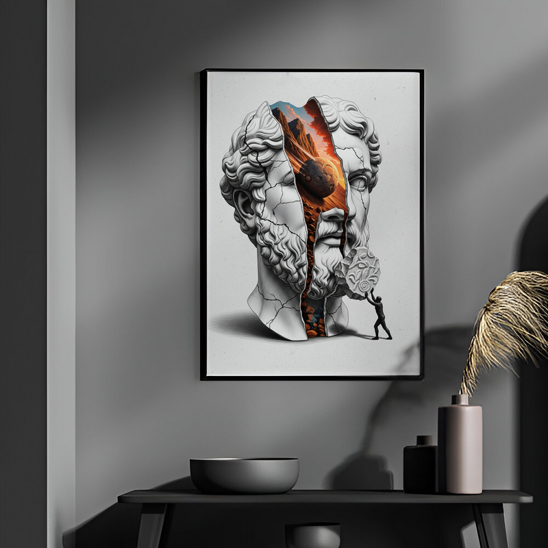 Sisyphus Eternal Struggle — Surreal Heracles Bust Wall Art Print