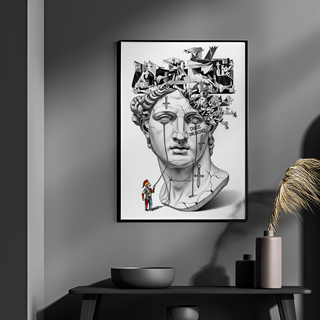 Chaos Unleashed — Surreal David Bust Meets Picasso's Guernica Wall Art Print