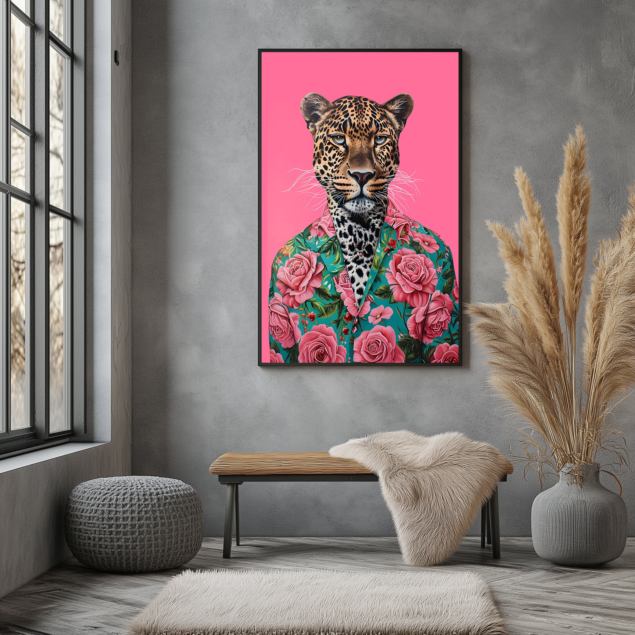 Floral Leopard Wall Art Print — Botanical Animal Poster