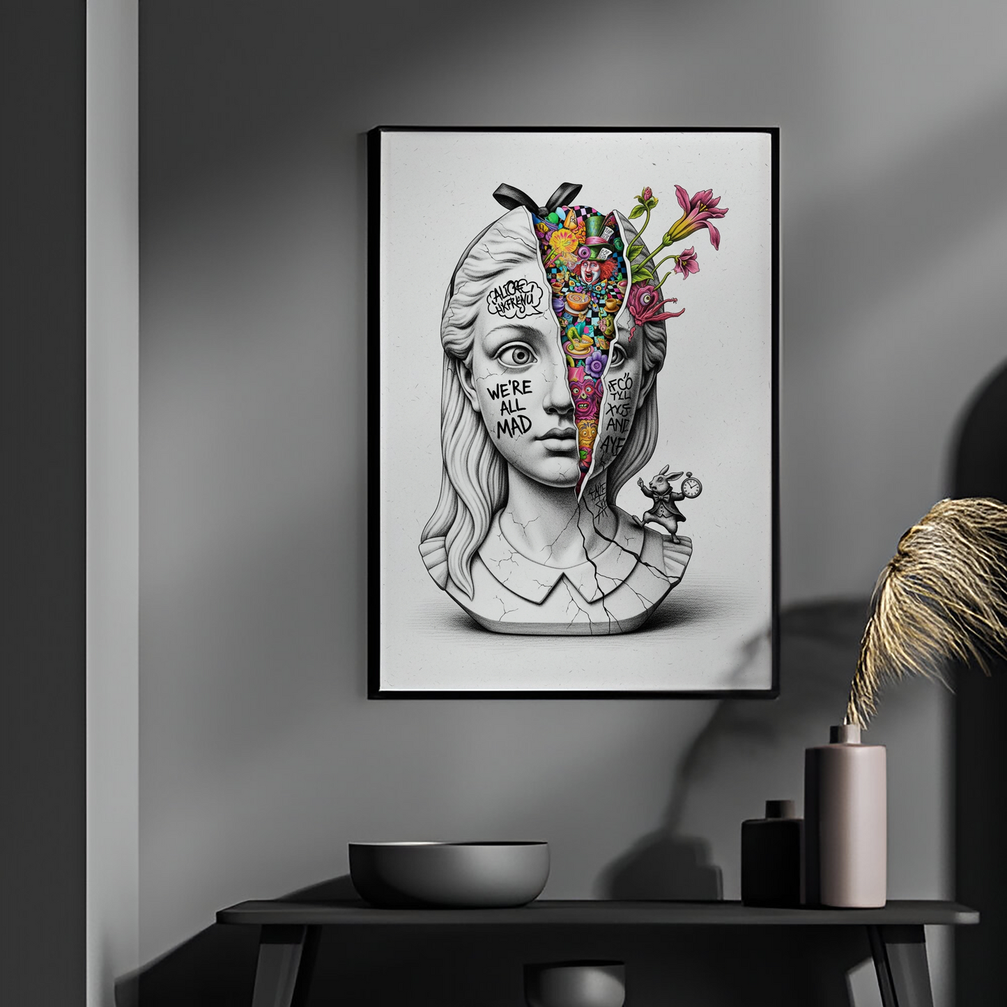 We're All Mad Here: Alice Tablo Boyutlarında ve Yüksek Kaliteli Poster