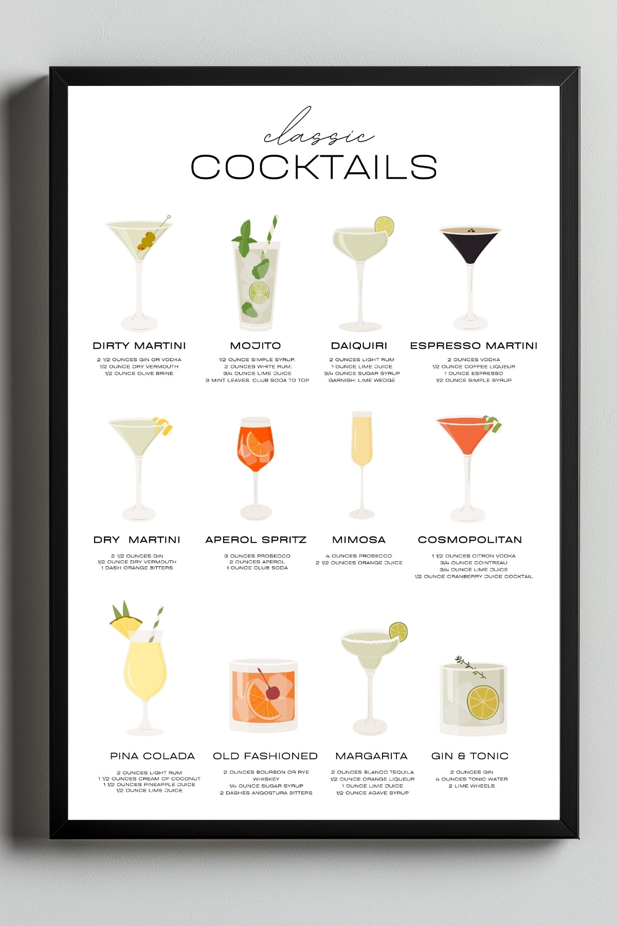 Classic Cocktails Wall Art Print — Vintage Bar Menu Poster