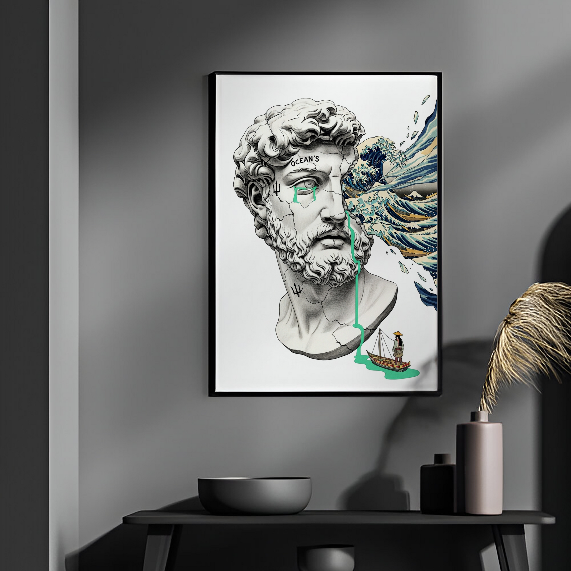 Ocean's Hokusai — Surreal Poseidon Bust Wall Art Print