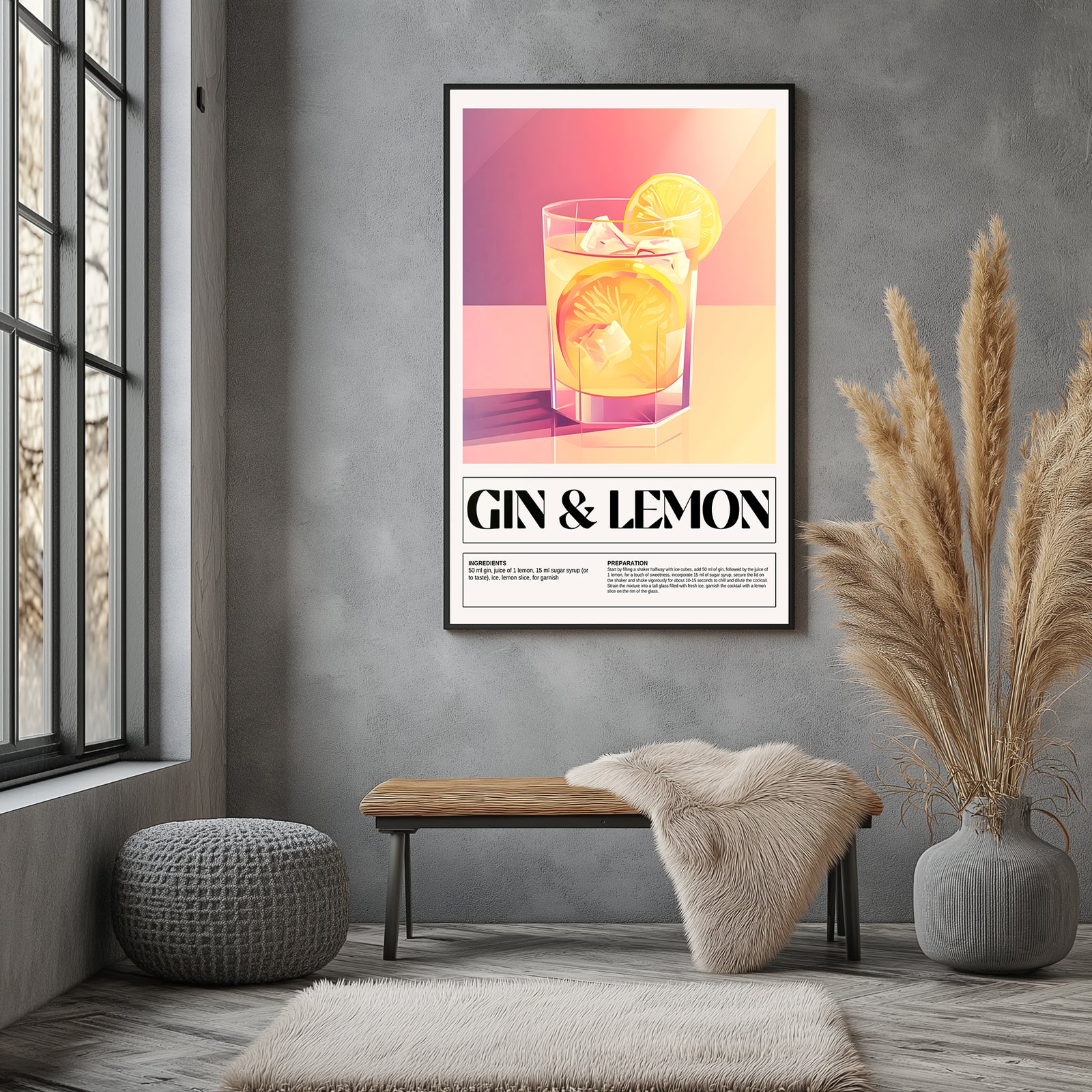 Gin & Lemon Wall Art Print — Classic Cocktail Poster